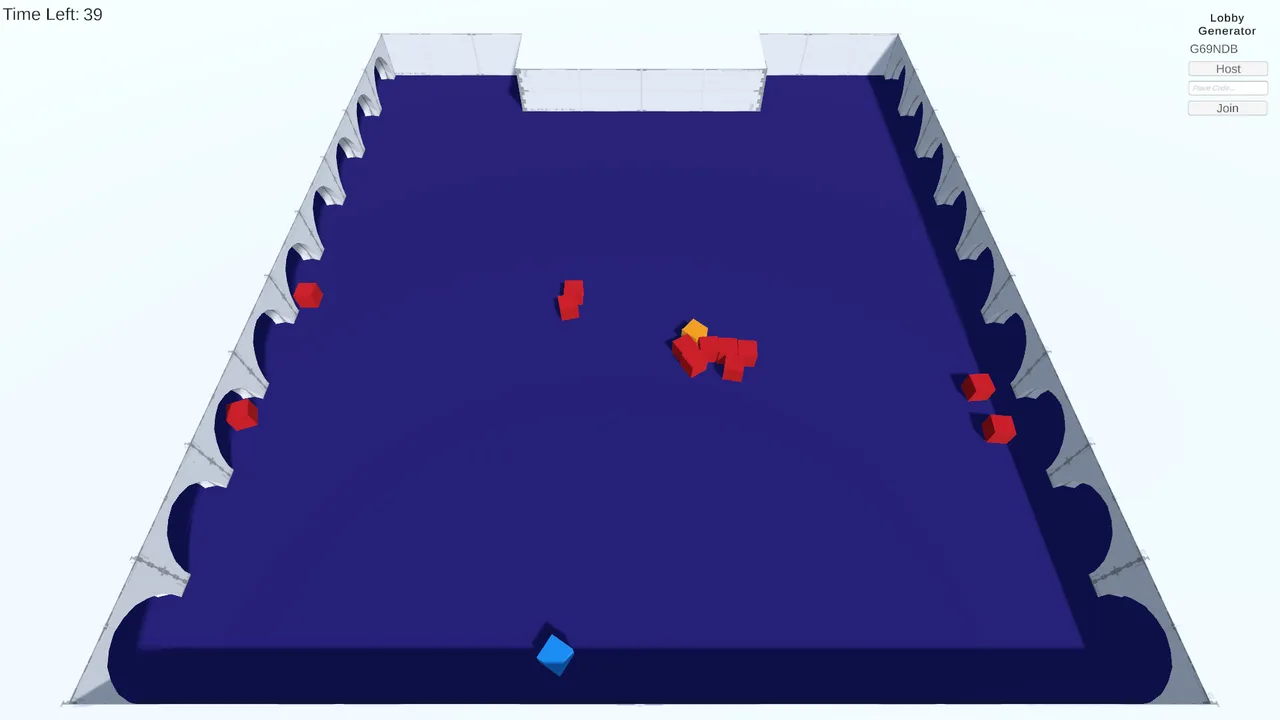 Prototipo 1 del TFG: vista isométrica de dos jugadores rodeados por oleadas de enemigos rojos en una sala cerrada.